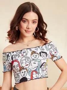 Berrylush White Abstract Printed Off-Shoulder Fitted Top