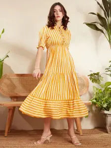 Berrylush Yellow Striped Tie-Up Neck Puff Sleeves Gathered Tiered Fit & Flare Midi Dress