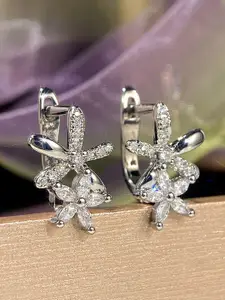 Jewels Galaxy Brass Silver Plated Cubic Zirconia Floral Studs Earrings