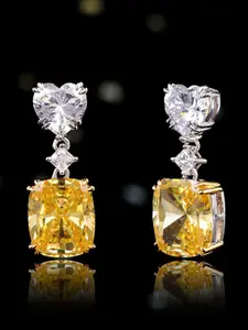 Jewels Galaxy Silver-Plated American Diamond-Studded Oxidised Heart Shaped Drop Earrings