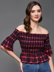 Miss Chase Checked Off-Shoulder Bell Sleeves Top