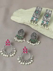 OOMPH Set Of 3 Stones Studded & Beads Beaded Oxidised Floral Drop Earrings