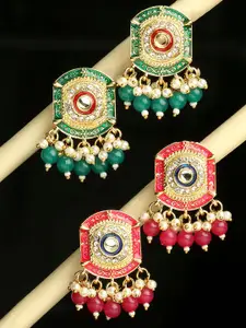 OOMPH Set Of 2 Kundan Studded & Beads Beaded Meenakari Drop Earrings