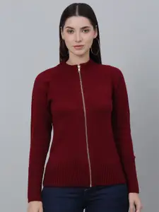 Cantabil Ribbed Mock Neck Acrylic Front-Open Sweater
