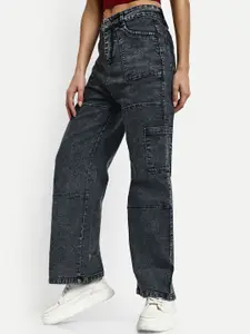 BROADSTAR Women Smart Wide Leg High-Rise Cotton Stretchable Cargo Jeans