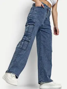 BROADSTAR Women Light Fade Smart Wide Leg High-Rise Cotton Cargo Jeans
