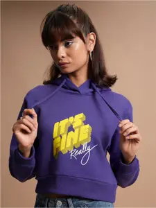Tokyo Talkies Purple Printed Hooded Crop Pullover Sweatshirt