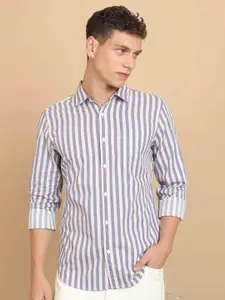 HIGHLANDER Lavender Slim Fit Vertical Striped Spread Collar Cotton Casual Shirt