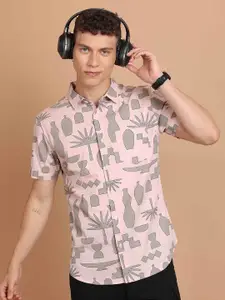 HIGHLANDER Pink Slim Fit Conversational Printed Cotton Casual Shirt
