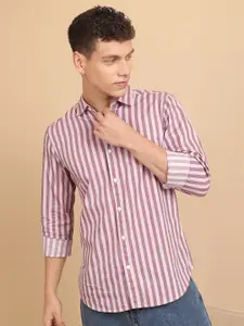 HIGHLANDER Pink & White Slim Fit Vertical Striped Cotton Casual Shirt