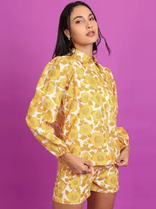 Tokyo Talkies Yellow Floral Printed Shirt Collar Puffed Sleeves Shirt With Shorts