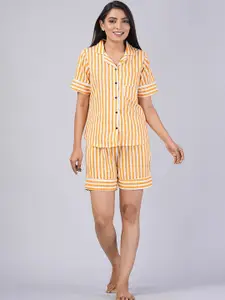 SHOOLIN Striped Lapel Collar Pure Cotton Shirt With Shorts
