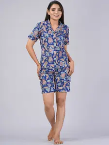 SHOOLIN Paisley Ethnic Motifs Printed Lapel Collar Pure Cotton Shirt With Shorts