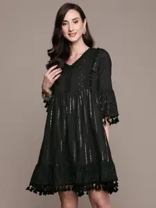 Ishin Ethnic Motifs Bell Sleeves Cotton Fit & Flare Dress