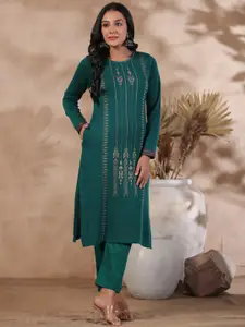 Ishin Green Ethnic Motifs Printed Jacquard Kurta