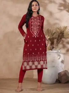 Ishin Maroon Ethnic Motifs Printed Jacquard Kurta