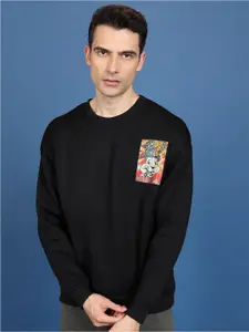 HIGHLANDER Black Oversized Humour and Comic Printed Round Neck Sweatshirt