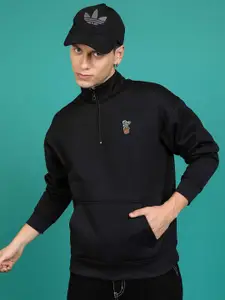 HIGHLANDER Black Mock Collar Drop Shoulder Sleeves Relaxed Fit  Pullover Sweatshirt