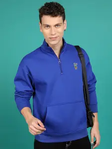 HIGHLANDER Blue High Neck Drop Shoulder Sleeves Relaxed Fit Pullover Sweatshirt