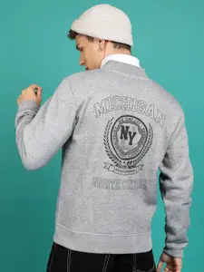 HIGHLANDER Grey Typography Printed Mandarin Collar Long Sleeves Front-Open Sweatshirt