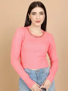 Tokyo Talkies Pink Round Neck Ribbed Acrylic Pullover Sweater