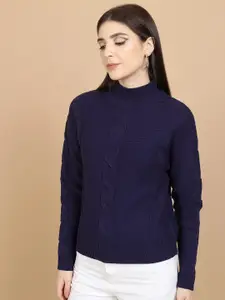 Tokyo Talkies Navy Blue Cable Knit Self Design High Neck Acrylic Pullover Sweater