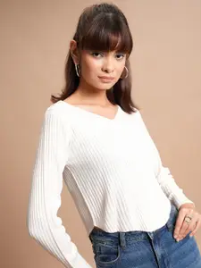 Tokyo Talkies White Ribbed Acrylic Pullover Sweater