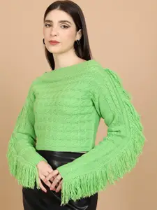 Tokyo Talkies Green Cable Knit Self Design Boat Neck Fringed Acrylic Crop Pullover Sweater