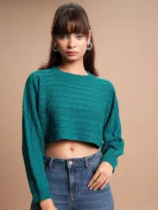 Tokyo Talkies Teal Green Cable Knit Self Design Acrylic Crop Pullover Sweater