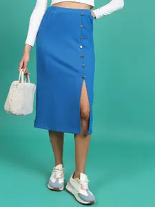 Tokyo Talkies Blue Straight Knee Length Skirts