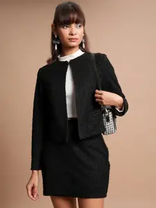 Tokyo Talkies Black Self-Design Coat With Skirts Co-Ords