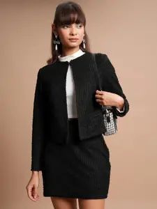 Tokyo Talkies Black Self-Design Blazer With Skirt Co-Ords