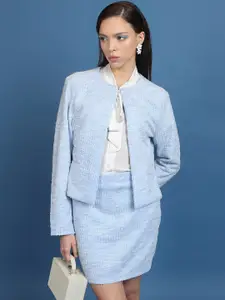 Tokyo Talkies Blue & White Round-Neck Blazer With Mini Skirt