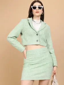 Tokyo Talkies Green Self Design Notched Lapel Collar Crop Blazer With Skirt