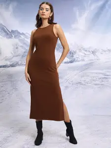 Tokyo Talkies Brown Round Neck Sheath Maxi Dress