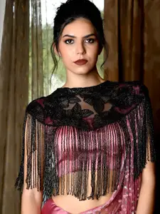 ODETTE Floral Embellished Tasseled Waterfall Acrylic Cape Shrug