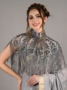 ODETTE Embellished Tasseled Acrylic Cape Shrug