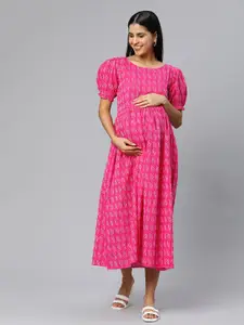 Swishchick Abstract Print Puff Sleeve Maternity A-Line Midi Dress