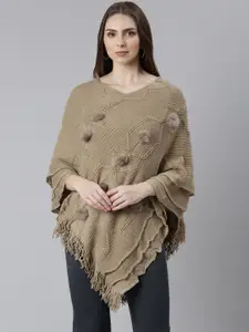 SHOWOFF Geometric Self Design V-Neck Fringed Detail Acrylic Poncho