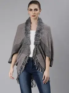 SHOWOFF Striped V-Neck Acrylic Front-Open Sweater with Fringed Detail