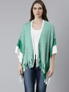 SHOWOFF Striped V-Neck Acrylic Front-Open Sweater with Fringed Detail