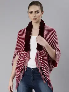 SHOWOFF Striped Front-Open Poncho With Fringed Detail