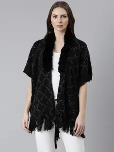 SHOWOFF Geometric Self Designed Acrylic Front-Open Sweater with Fringed Detail