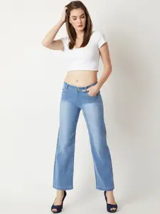 DressBerry Women's Wide-Leg Mid Rise Blast Effect Light Weight Denim Jeans