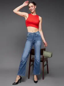 DressBerry Women's Wide-Leg Mid Rise Blast Effect Light Weight Denim Jeans