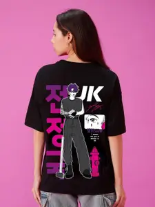Bewakoof Black 3D BTS Graphic Printed Drop-Shoulder Sleeves Oversized Cotton T-shirt