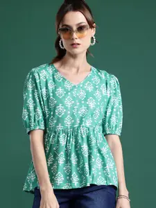 DressBerry Ethnic Motifs Printed Gathered Puff Sleeve Top