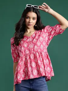 DressBerry Ethnic Motifs Printed Gathered Puff Sleeve Top