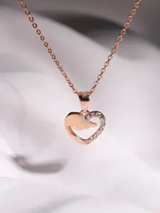 GIVA Rose Gold-Plated CZ-Studded 925 Sterling Silver Heart Shaped Pendant With Link Chain
