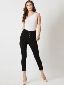 DressBerry Women's Skinny High Rise Cropped Fringed Hemline Solid Stretchable Denim Jeans